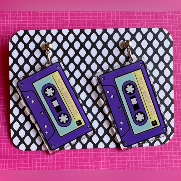 New Retro 90’s Style Purple Acrylic Cassette Music Mix Tape Dangle Earrings - Picture 1 of 5